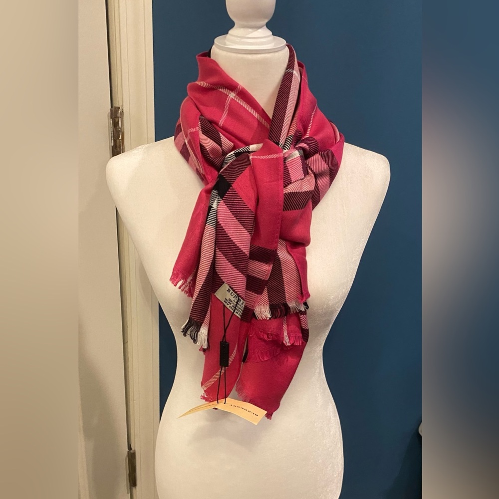 Gorgeous raspberry sorbet 100% cashmere Burberry scarf.
